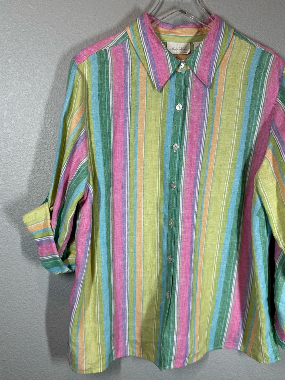 VINTAGE STUDIO WORKS Women’s plus size 1X colorful linen striped button-down top - Picture 2 of 9